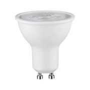 Weiße LED-Spotlampe mit GU10-Sockel, freigestellt auf weißem Hintergrund, Frontansicht leicht von oben