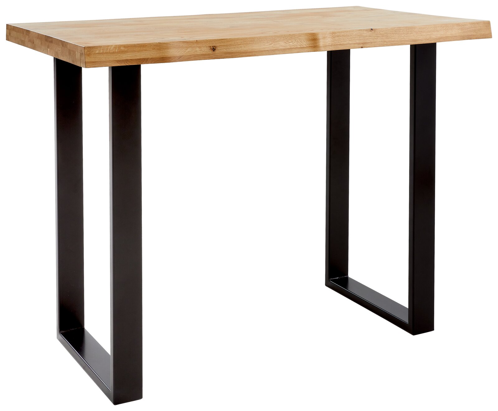 Moderner Bartisch mit Holzplatte und schwarzen Metallbeinen, seitliche Perspektive