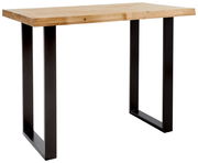 Moderner Bartisch mit Holzplatte und schwarzen Metallbeinen, seitliche Perspektive