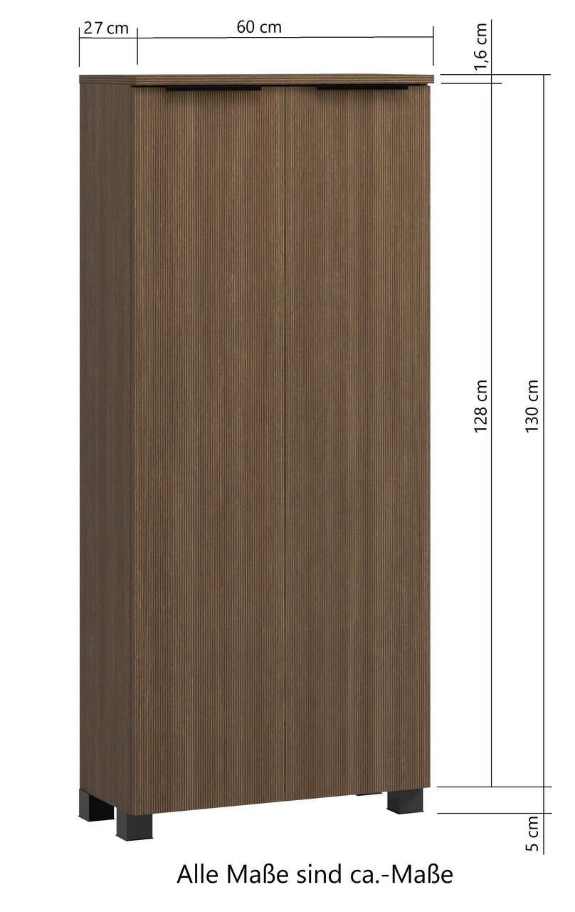 Midischrank 60 in Holzoptik, frontale Ansicht mit Maßen: 60 cm Breite, 27 cm Tiefe, 130 cm Höhe.