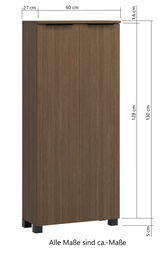Midischrank 60 in Holzoptik, frontale Ansicht mit Maßen: 60 cm Breite, 27 cm Tiefe, 130 cm Höhe.