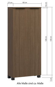 Midischrank 60 in Holzoptik, frontale Ansicht mit Maßen: 60 cm Breite, 27 cm Tiefe, 130 cm Höhe.