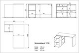 Technische Zeichnung eines Schreibtisches mit den Maßen Breite: 129 cm, Höhe: 76 cm, Tiefe: 107 cm. Der Schreibtisch hat ein L-förmiges Design mit Regalfächern auf der linken Seite. Perspektive von oben und seitlich.