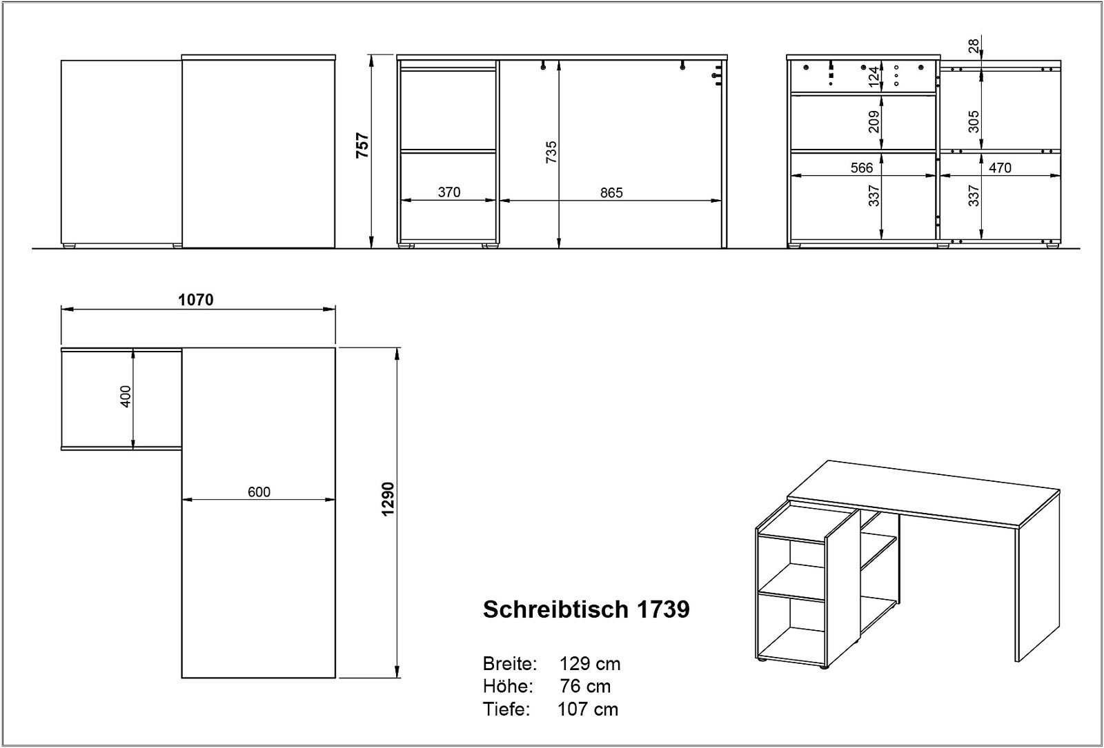 Technische Zeichnung eines Schreibtisches mit den Maßen Breite: 129 cm, Höhe: 76 cm, Tiefe: 107 cm. Der Schreibtisch hat ein L-förmiges Design mit Regalfächern auf der linken Seite. Perspektive von oben und seitlich.