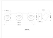 Technische Zeichnung einer 3-flammigen Spot-Wandleuchte/Deckenleuchte mit drei runden Leuchtenköpfen (Ø 72 mm) auf einer 330 mm langen Schiene; Seitenansicht mit 35 mm Wandabstand und schwenkbarem Kopf (120 mm Ausladung, 90 mm Höhe), dargestellt in Front-