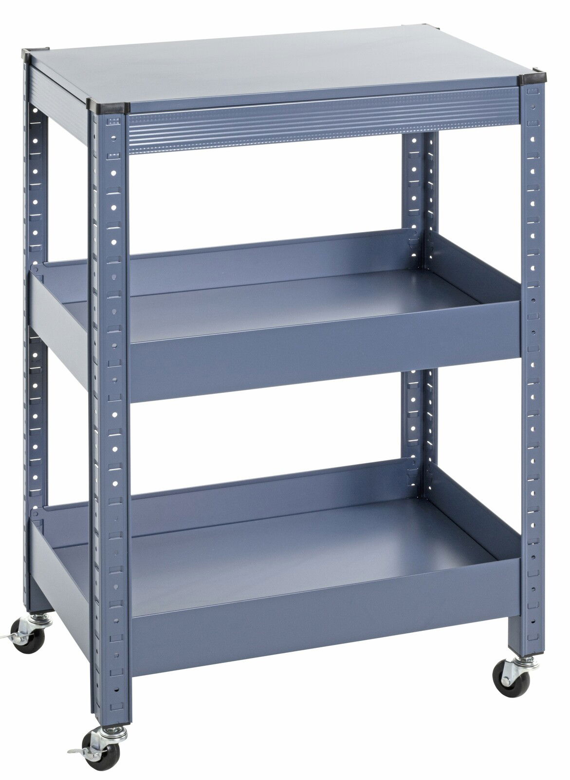 Blauer Servierwagen mit drei Ablagen und Rollen, seitliche Perspektive