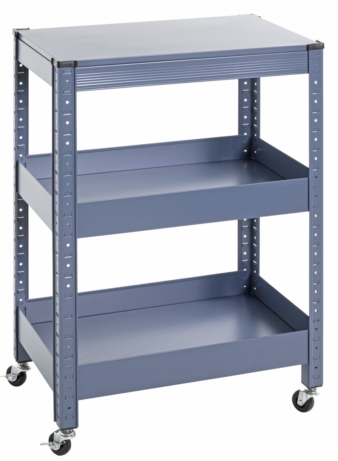 Blauer Servierwagen mit drei Ablagen und Rollen, seitliche Perspektive