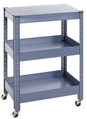Blauer Servierwagen mit drei Ablagen und Rollen, seitliche Perspektive