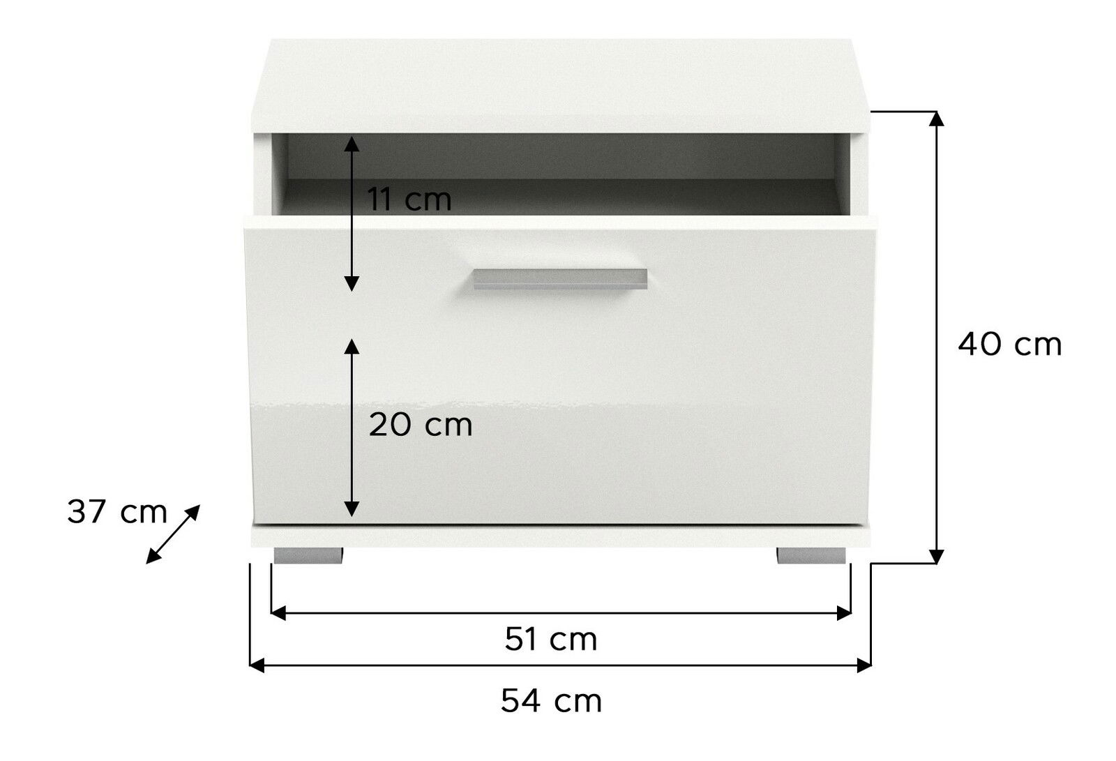 Weiße Sitzbank mit Stauraum, Vorderansicht, Maße: 54 cm Breite, 40 cm Höhe, 37 cm Tiefe