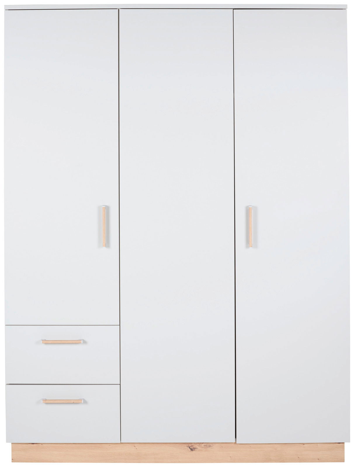 Moderner weißer Kleiderschrank mit drei Türen und zwei Schubladen, Frontalansicht