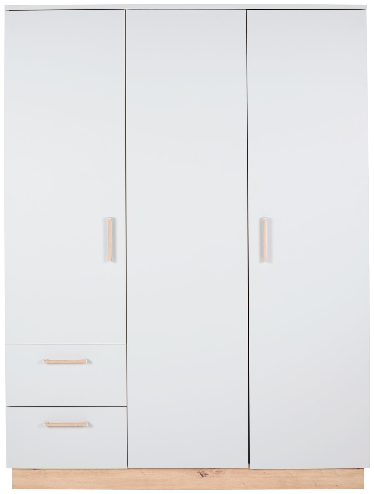 Moderner weißer Kleiderschrank mit drei Türen und zwei Schubladen, Frontalansicht