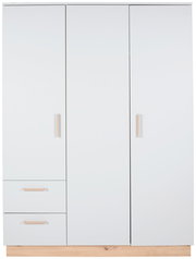Moderner weißer Kleiderschrank mit drei Türen und zwei Schubladen, Frontalansicht