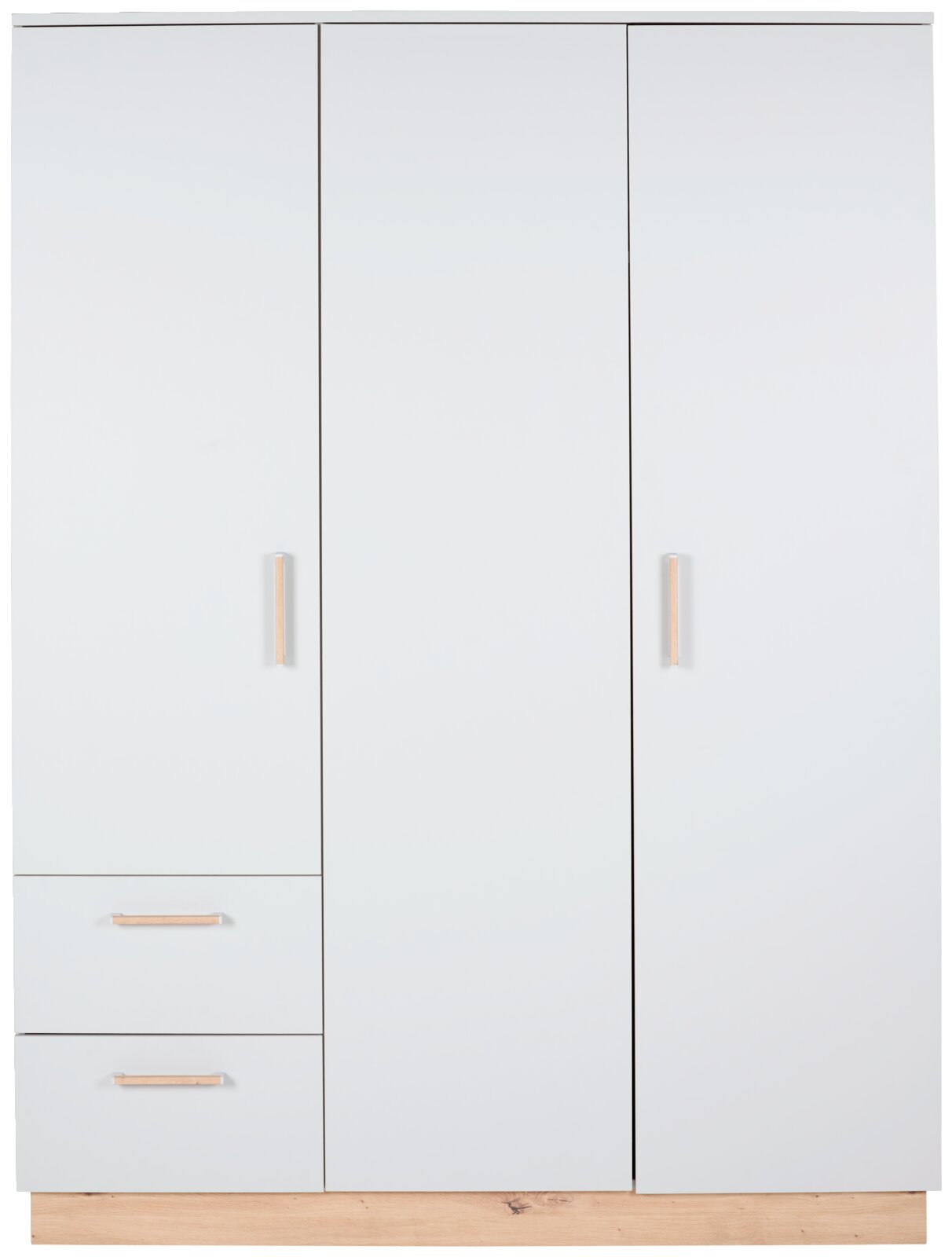 Moderner weißer Kleiderschrank mit drei Türen und zwei Schubladen, Frontalansicht