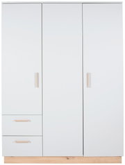 Moderner weißer Kleiderschrank mit drei Türen und zwei Schubladen, Frontalansicht