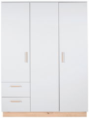 Moderner weißer Kleiderschrank mit drei Türen und zwei Schubladen, Frontalansicht