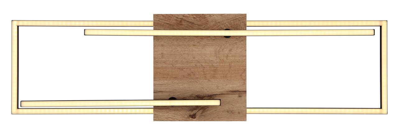 Moderne Deckenleuchte mit rechteckigem Holzdesign und integrierten LED-Streifen, Ansicht von oben.