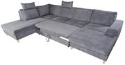 Graues Ecksofa mit ausziehbarer Liegefläche, Ansicht von schräg oben.