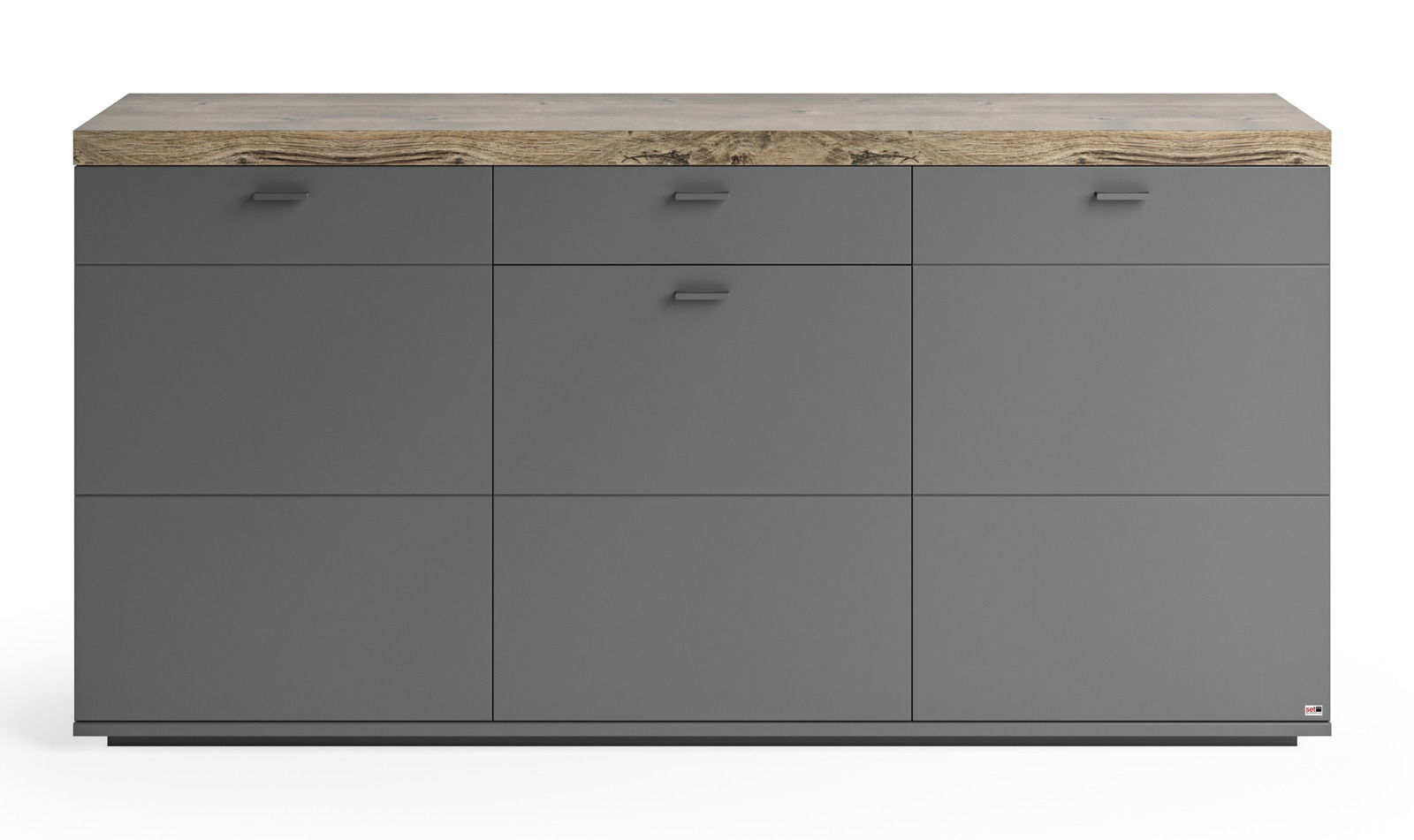 Frontale Ansicht eines modernen Sideboards in Dunkelgrau mit Holzoberfläche, drei Schubladen und drei Türen.