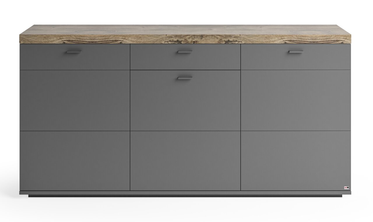 Frontale Ansicht eines modernen Sideboards in Dunkelgrau mit Holzoberfläche, drei Schubladen und drei Türen.