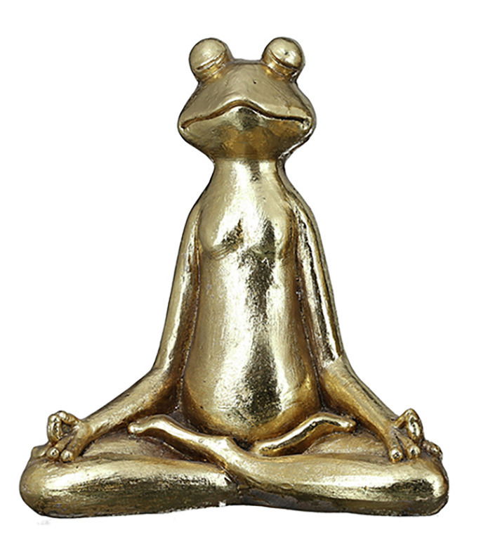 Goldfarbene Froschfigur in Yoga-Pose, frontalansicht
