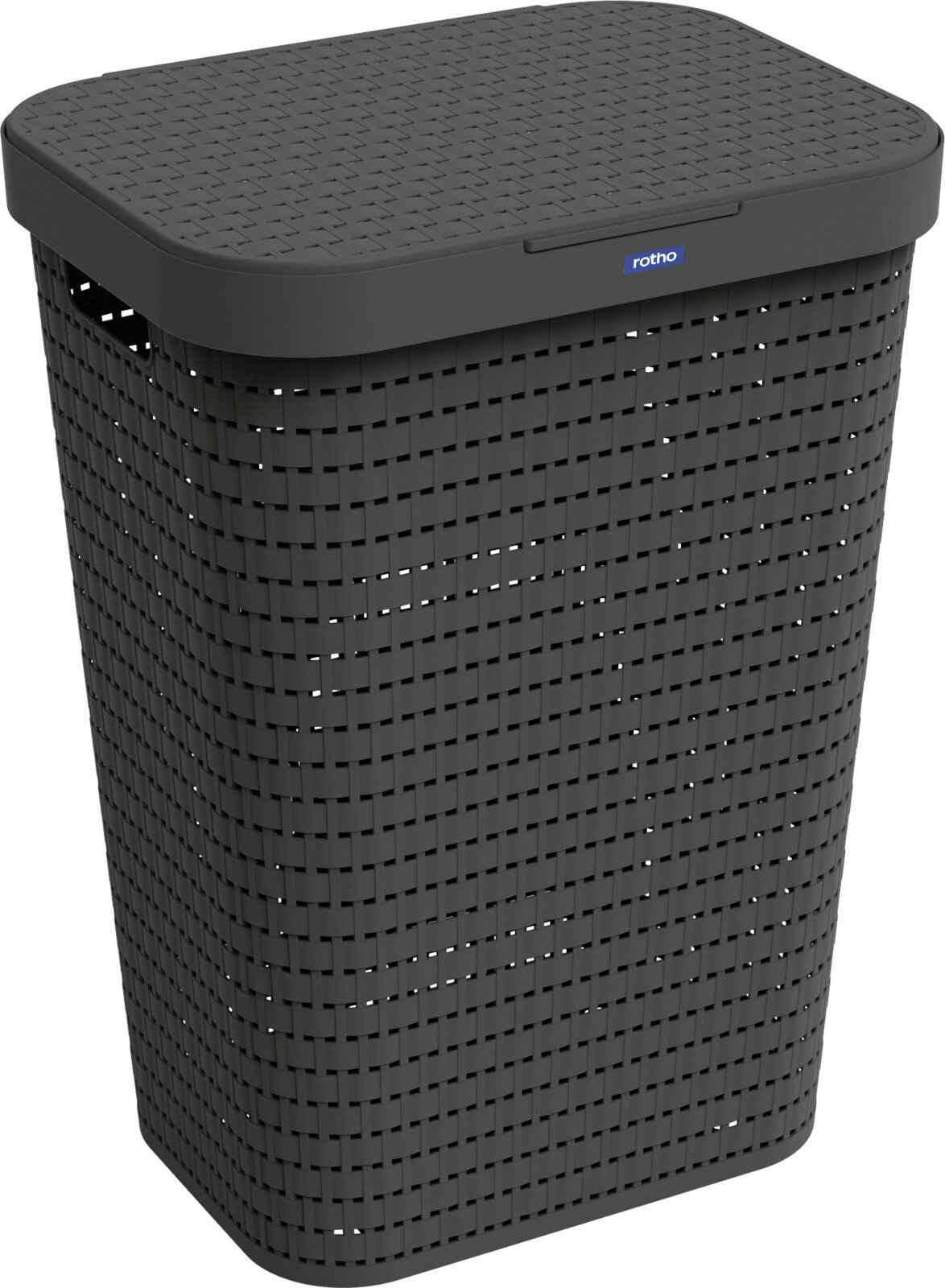 Schwarzer Rotho Wäschekorb/Wäschebox in Rattan-Optik mit Deckel, schräg von vorne leicht von oben fotografiert