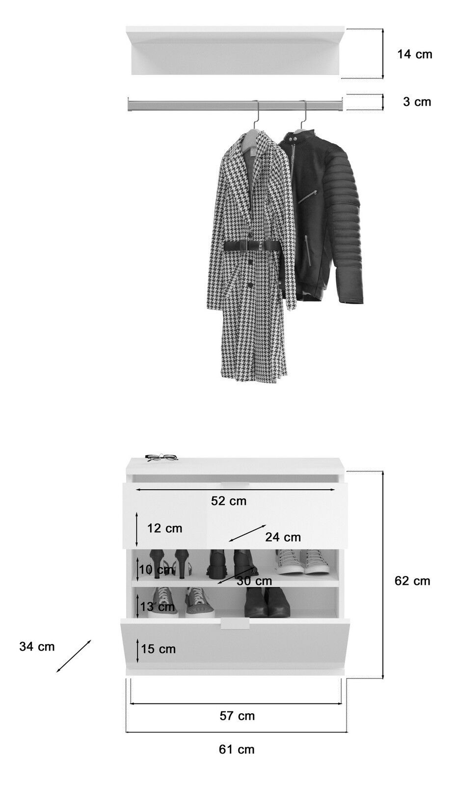 Frontale Ansicht einer Garderobenkombination mit Kleiderstange, zwei hängenden Kleidungsstücken und einem Schuhschrank mit mehreren Fächern.