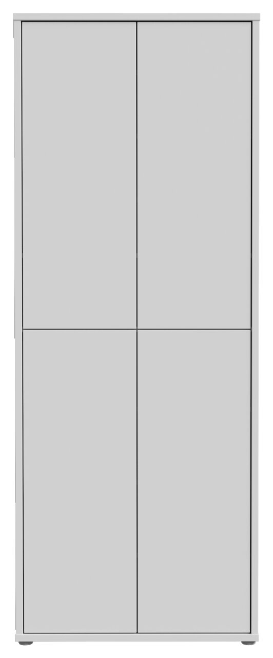 Frontansicht eines hohen, modernen XL-Schuhschranks mit vier Türen in schlichtem Design.