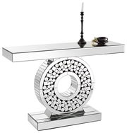 Moderner Konsolentisch mit spiegelnder Oberfläche und dekorativem, kreisförmigem Design, seitliche Perspektive.