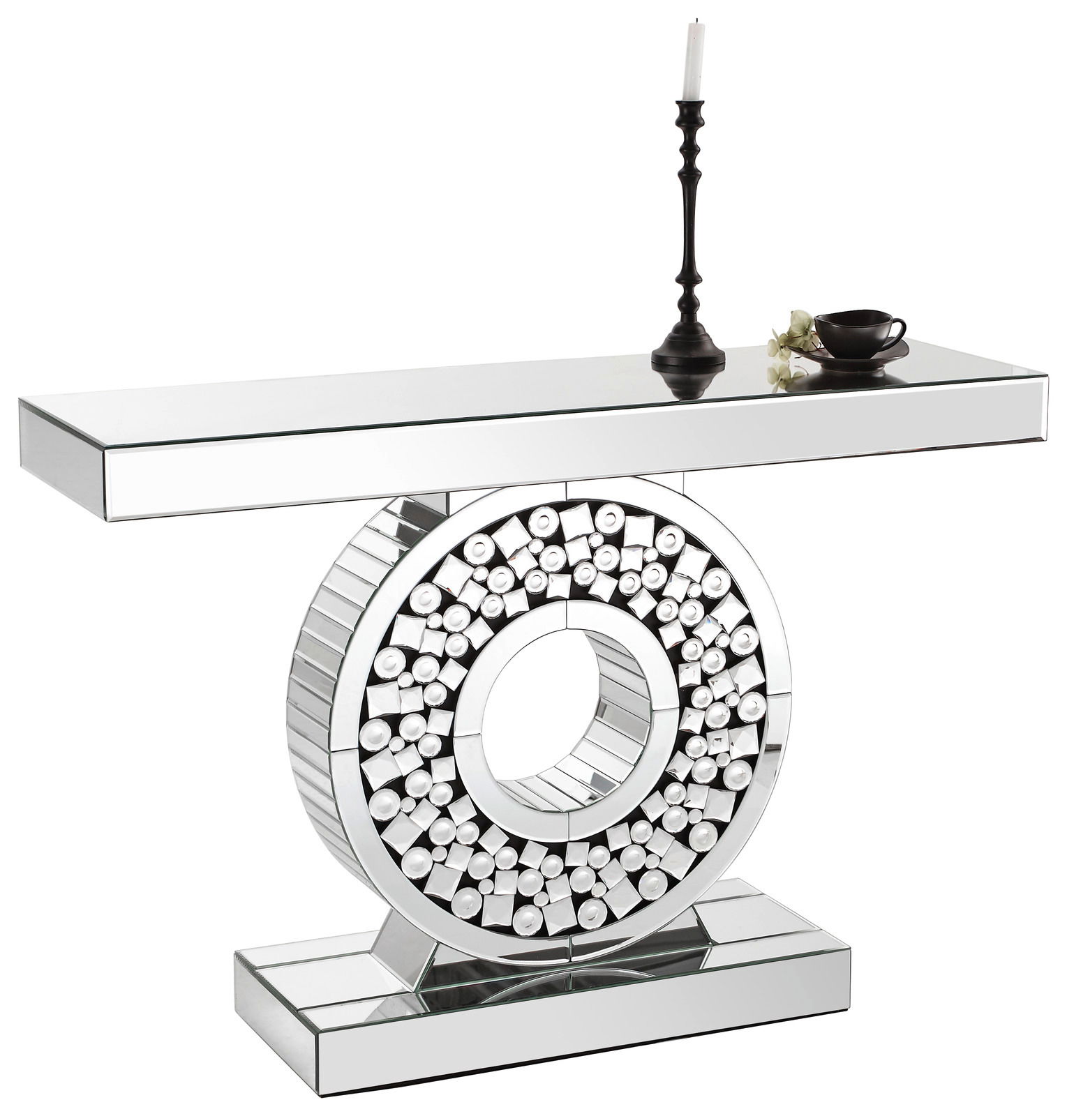 Moderner Konsolentisch mit spiegelnder Oberfläche und dekorativem, kreisförmigem Design, seitliche Perspektive.