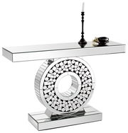 Moderner Konsolentisch mit spiegelnder Oberfläche und dekorativem, kreisförmigem Design, seitliche Perspektive.