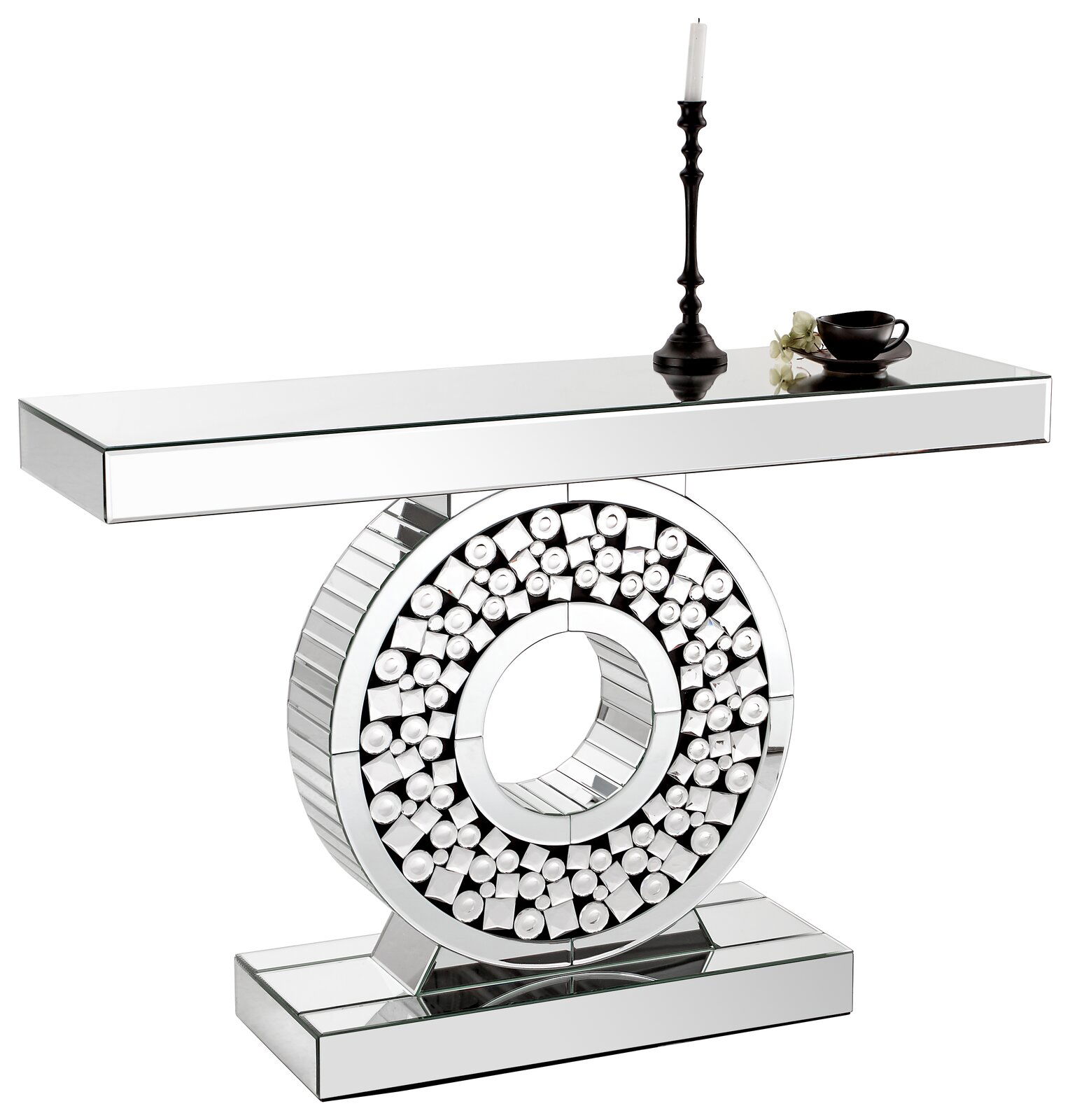 XORA Konsolentisch RADIUS Moderner Konsolentisch mit spiegelnder Oberfläche und dekorativem, kreisförmigem Design, seitliche Perspektive.