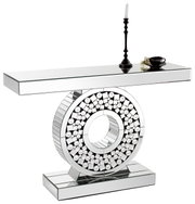 Moderne consoletafel met spiegelend oppervlak en decoratief, cirkelvormig ontwerp, gezien vanaf de zijkant.