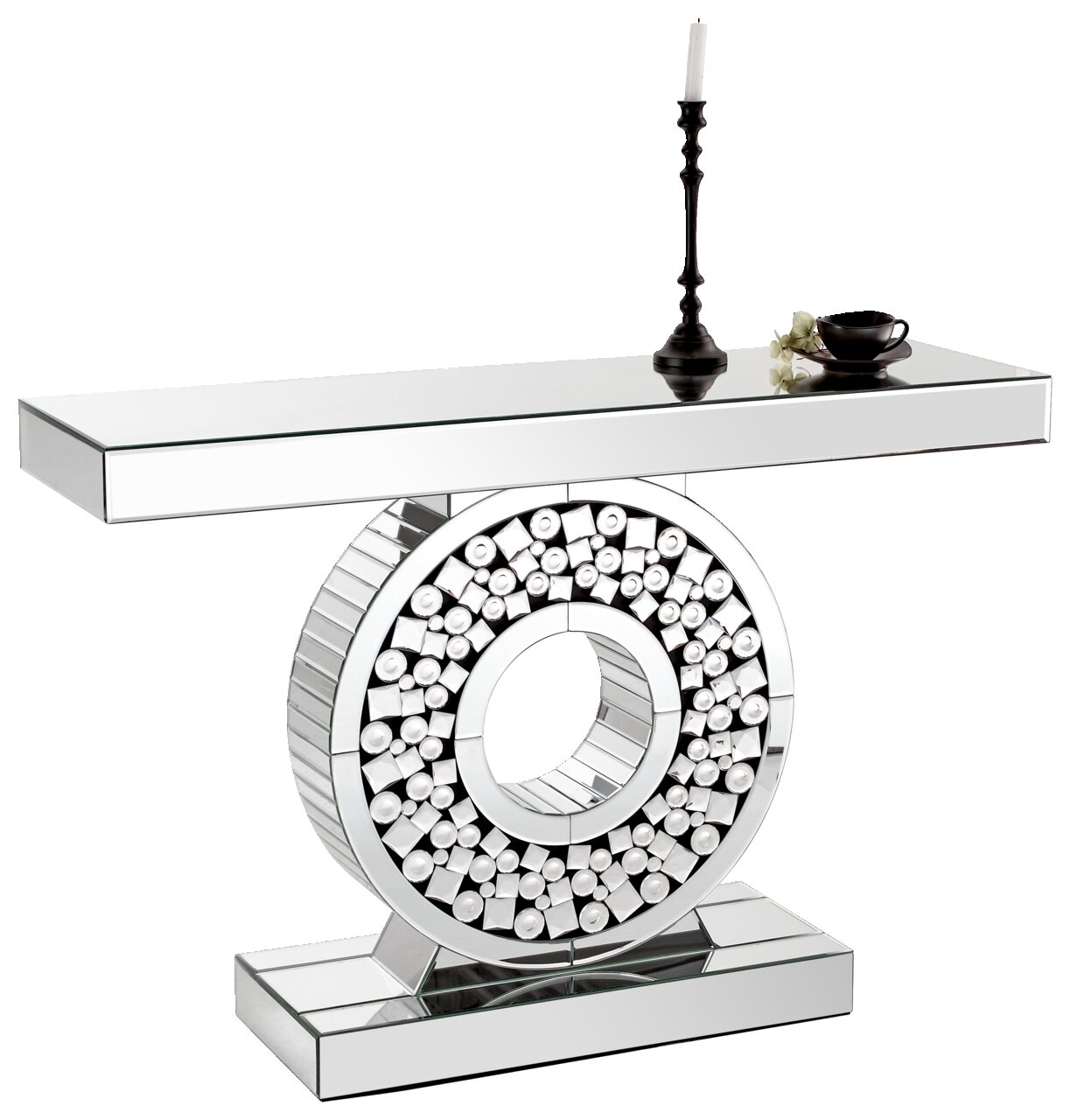 Moderner Konsolentisch mit spiegelnder Oberfläche und dekorativem, kreisförmigem Design, seitliche Perspektive.