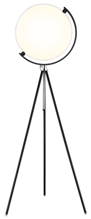 Moderne LED-Stehleuchte mit rundem Lampenschirm auf einem dreibeinigen Stativ, Frontalansicht