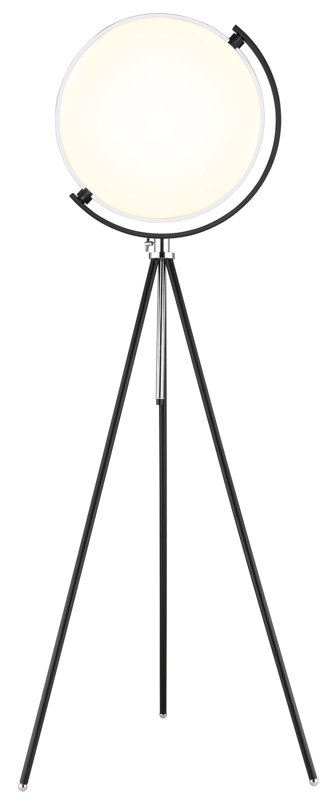 Moderne LED-Stehleuchte mit rundem Lampenschirm auf einem dreibeinigen Stativ, Frontalansicht