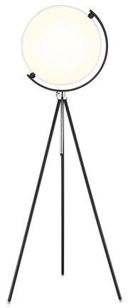 Moderne LED-Stehleuchte mit rundem Lampenschirm auf einem dreibeinigen Stativ, Frontalansicht