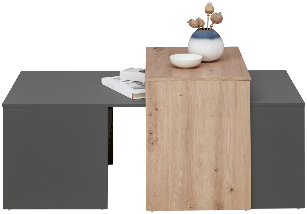 Moderner Couchtisch mit grauer und holzfarbener Oberfläche, dekoriert mit einer Vase und einer Schale, frontal betrachtet.