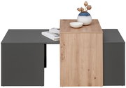 Moderner Couchtisch mit grauer und holzfarbener Oberfläche, dekoriert mit einer Vase und einer Schale, frontal betrachtet.