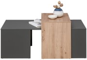 Moderner Couchtisch mit grauer und holzfarbener Oberfläche, dekoriert mit einer Vase und einer Schale, frontal betrachtet.