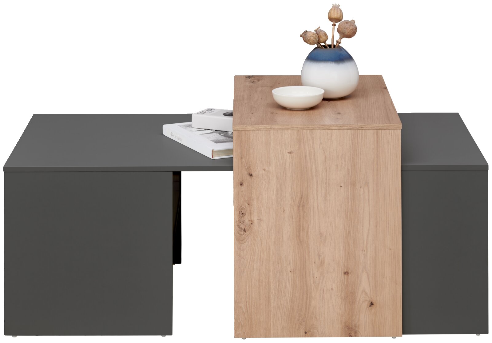 Moderne salontafel met een grijs en houtkleurig oppervlak, versierd met een vaas en een schaal, gezien vanaf de voorkant.