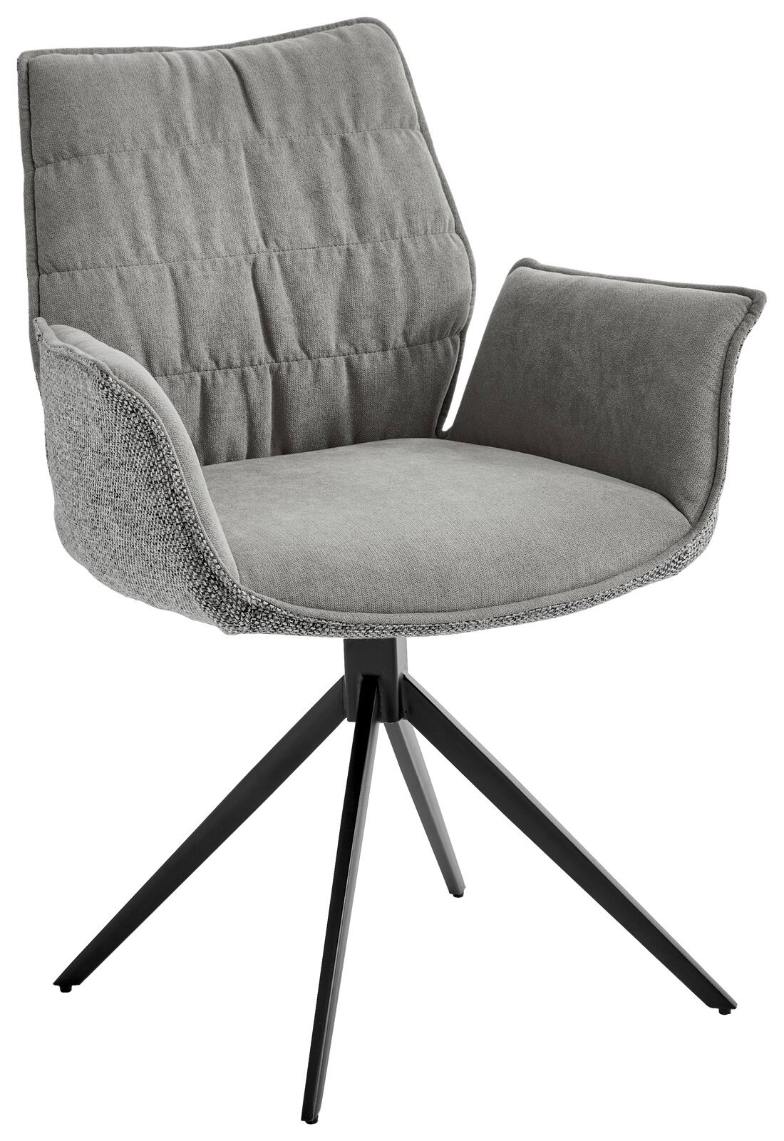 Novel Sessel HAPPY Grauer Sessel mit gepolstertem Sitz und Rückenlehne, schwarzes Metallgestell, seitliche Perspektive