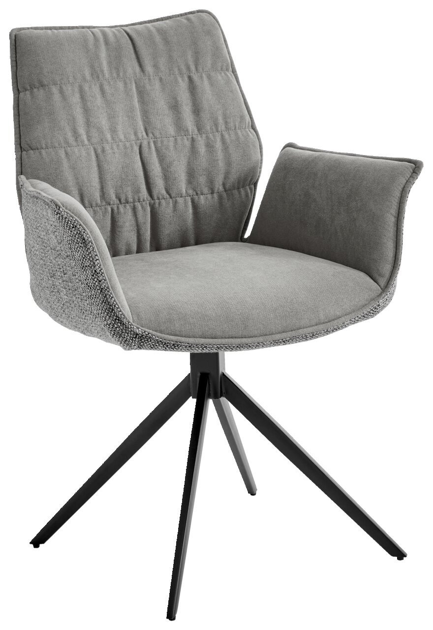 Grauer Sessel mit gepolstertem Sitz und Rückenlehne, schwarzes Metallgestell, seitliche Perspektive