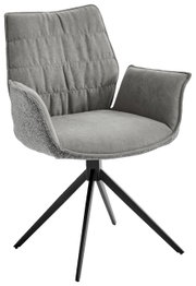 Grauer Sessel mit gepolstertem Sitz und Rückenlehne, schwarzes Metallgestell, seitliche Perspektive