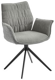 Grauer Sessel mit gepolstertem Sitz und Rückenlehne, schwarzes Metallgestell, seitliche Perspektive