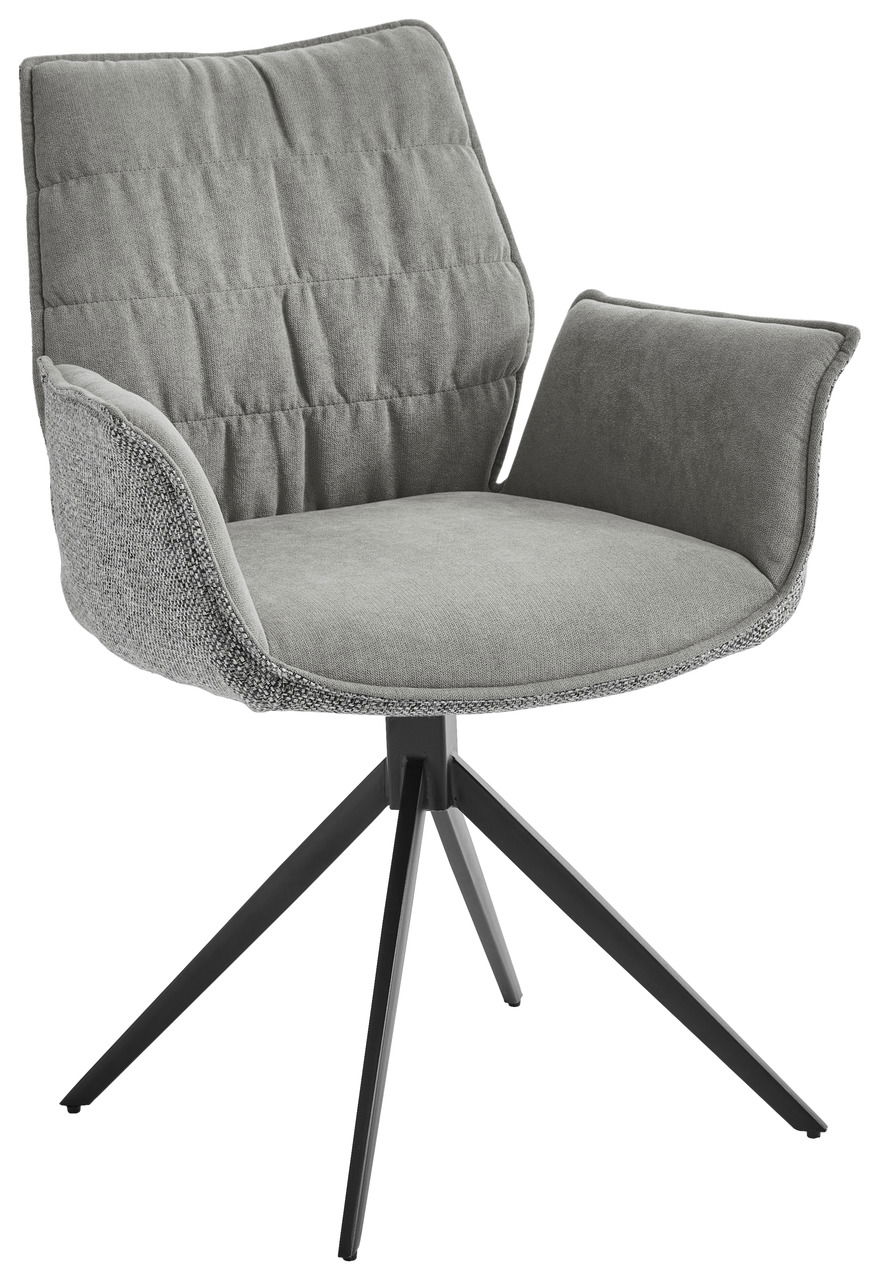 Grauer Sessel mit gepolstertem Sitz und Rückenlehne, schwarzes Metallgestell, seitliche Perspektive