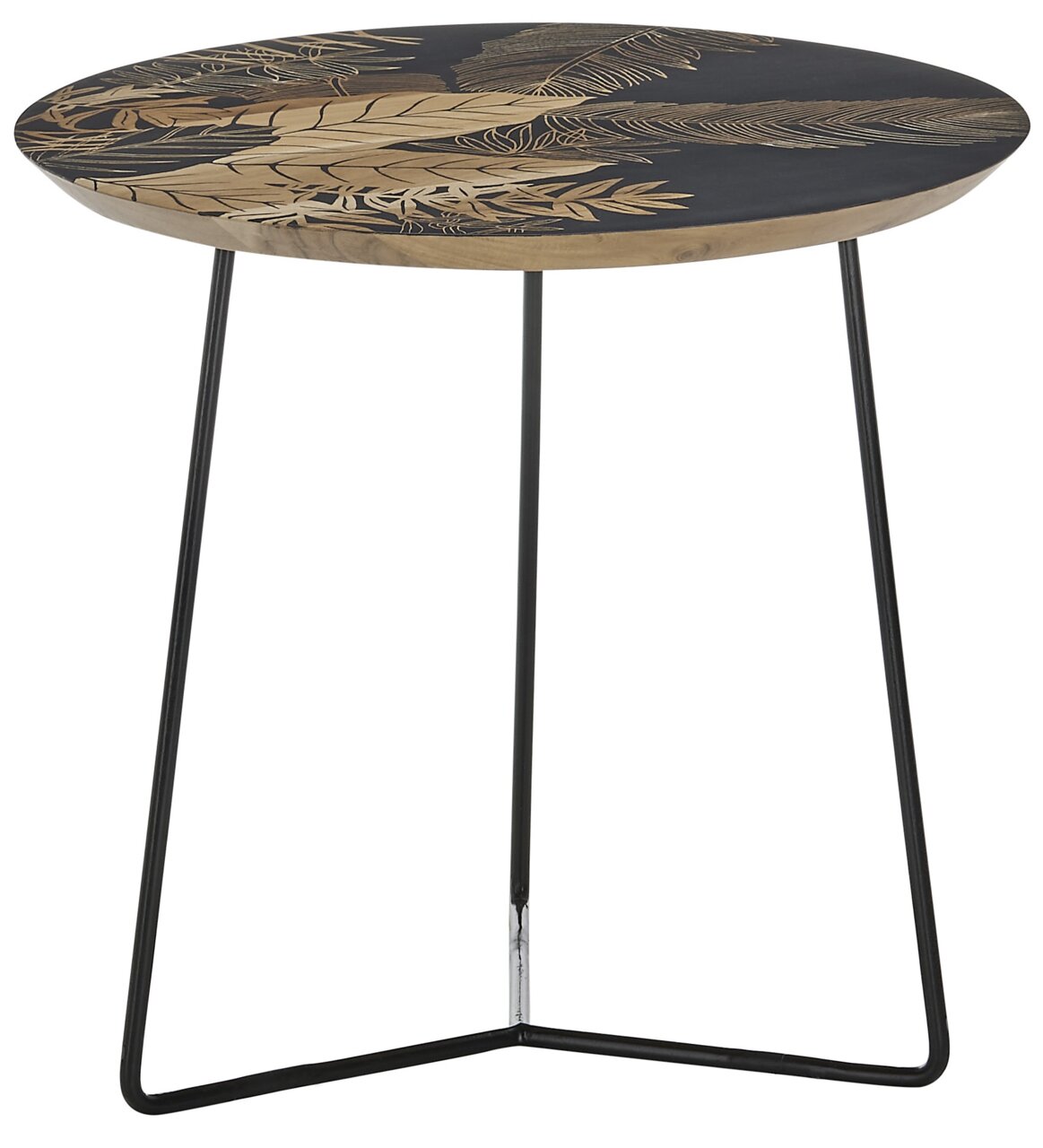 Runder Beistelltisch mit floralem Muster auf der Tischplatte, schwarze Metallbeine, seitliche Perspektive