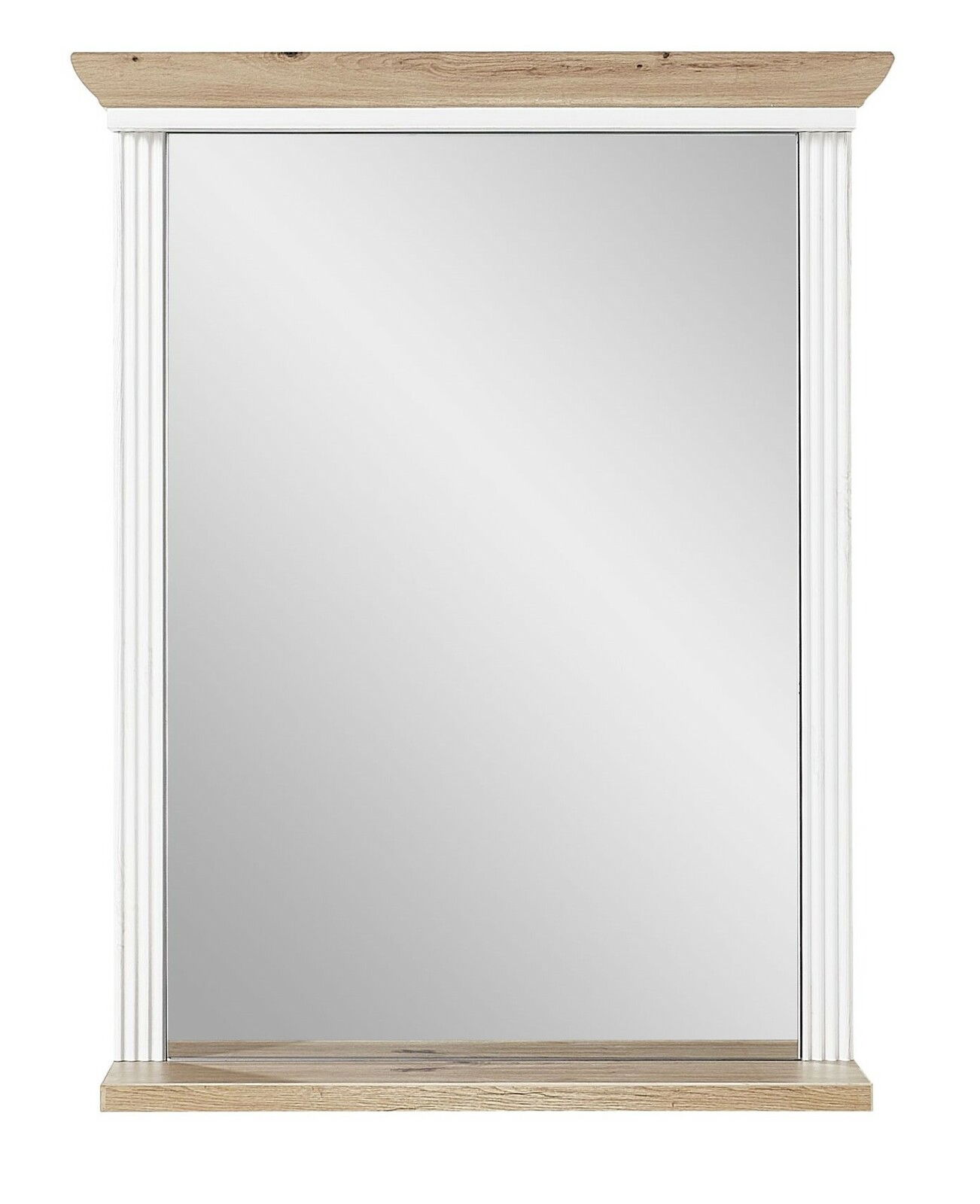 Schmaler Spiegel mit weißem Rahmen und Holzverzierung, Frontalansicht