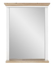 Schmaler Spiegel mit weißem Rahmen und Holzverzierung, Frontalansicht