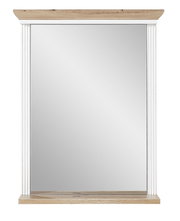 Schmaler Spiegel mit weißem Rahmen und Holzverzierung, Frontalansicht