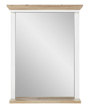 Schmaler Spiegel mit weißem Rahmen und Holzverzierung, Frontalansicht